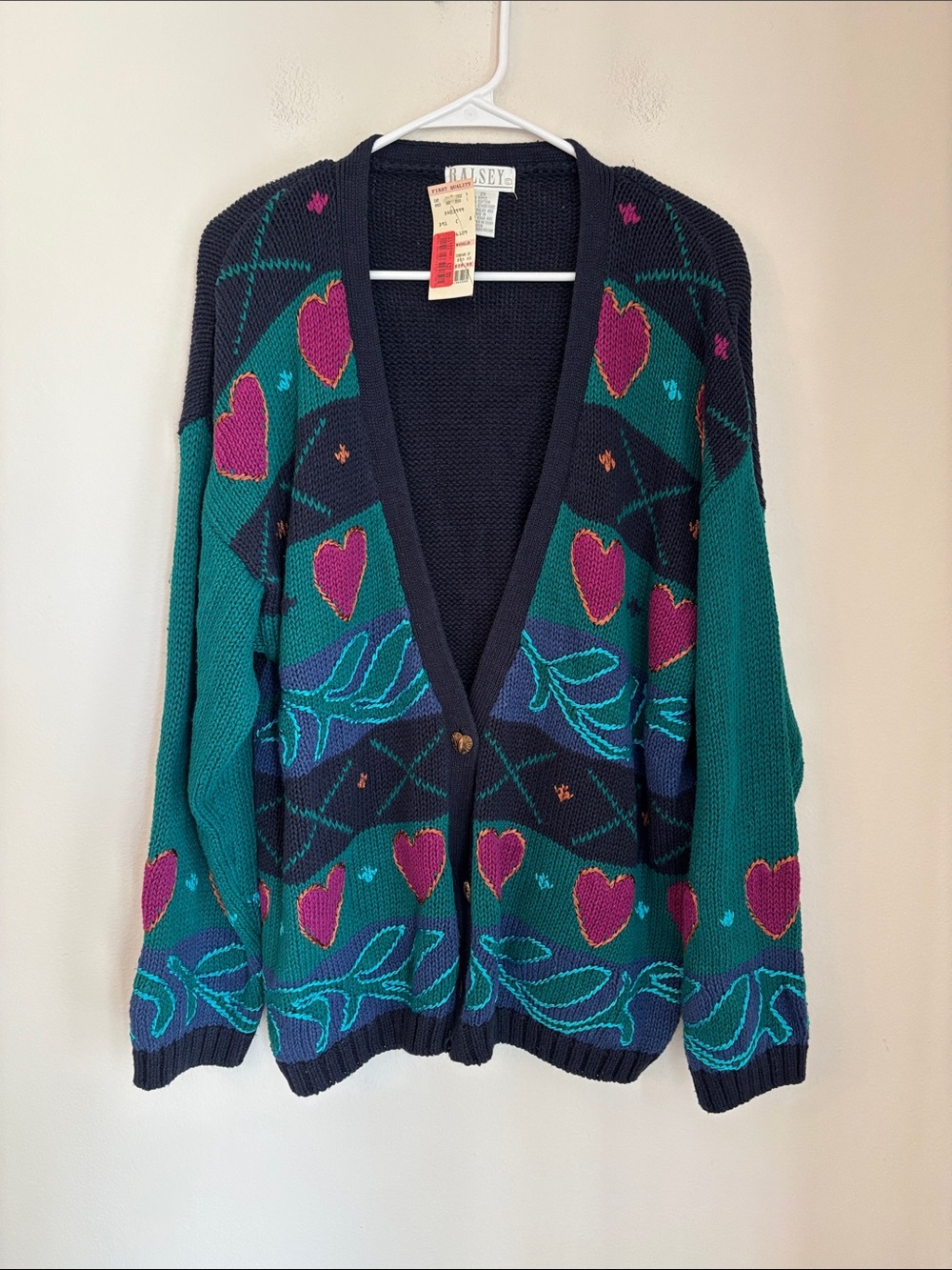 Vintage 80’s Women’s Heart Pattern Button Cardigan Sweater Teal & Pink knit 2XL